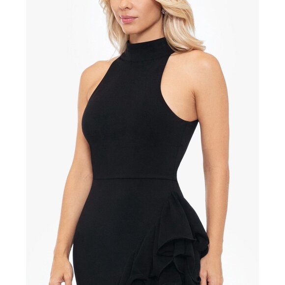 Betsy & Adam Size 4 Black Ruffle Asymmetric Halter Formal Prom Dress Gown $340 - Picture 3 of 12